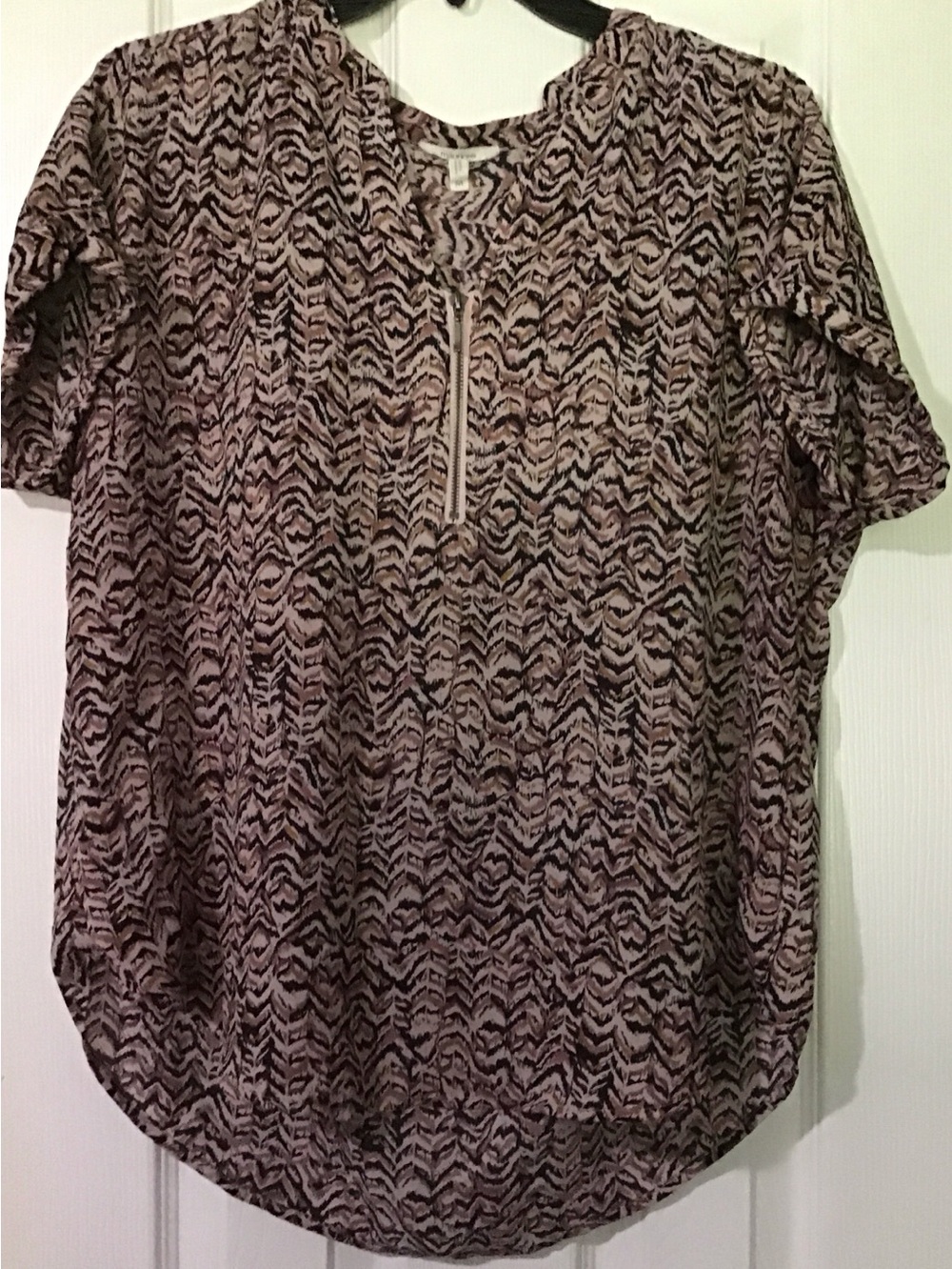 Maurices Taupe and Black Printed Short-Sleeve Zip Tunic